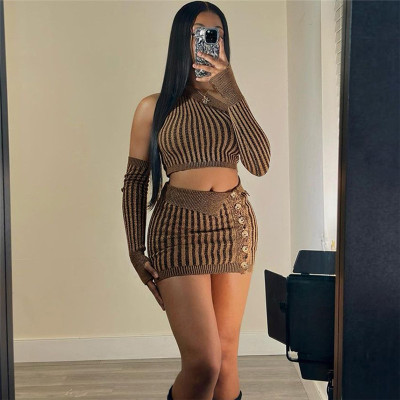 Sexy Knitted Top High Waist Wrapped Hip Short Skirt Set