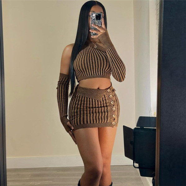 Sexy Knitted Top High Waist Wrapped Hip Short Skirt Set
