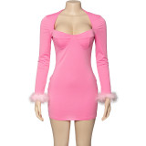 Solid color low cut long sleeved feather patchwork buttocks short dress