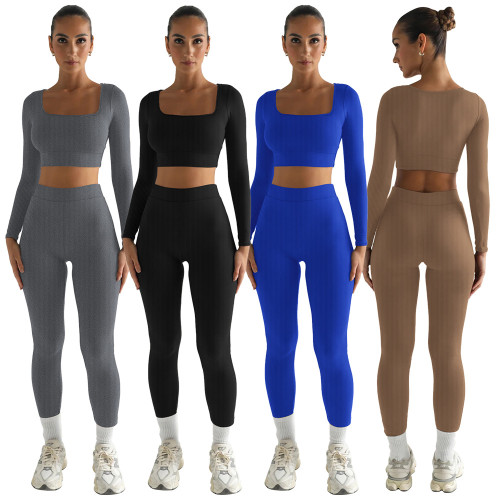 Solid color long sleeved square neck two-piece slim fit fashion set