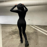 Tight solid color long sleeved hooded jumpsuit