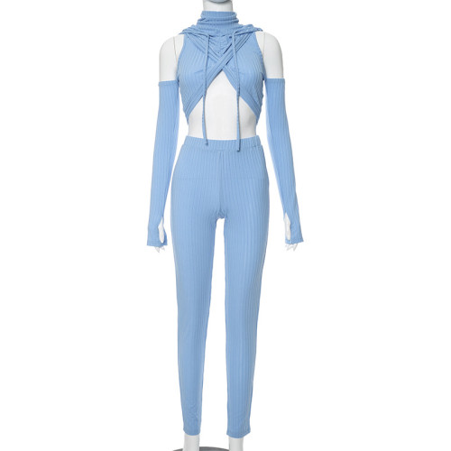 Hooded chest wrap top and pants casual set