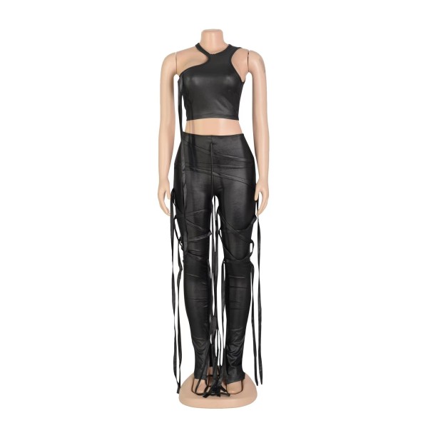 Women's sexy two-piece vest strap set faux leather pants