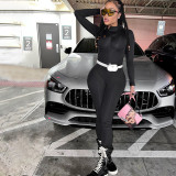 Tight solid color long sleeved hooded jumpsuit