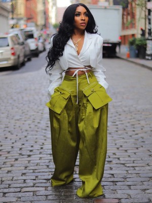 Leisure pants with detachable three-dimensional pockets and wide leg pants