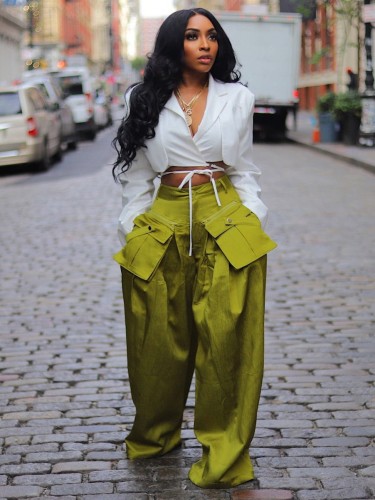 Leisure pants with detachable three-dimensional pockets and wide leg pants