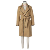 Women's woolen long sleeved woven lapel long coat loose windbreaker coat