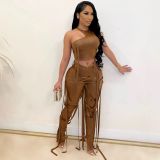 Women's sexy two-piece vest strap set faux leather pants