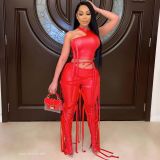 Women's sexy two-piece vest strap set faux leather pants