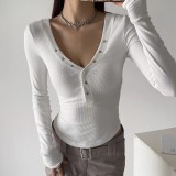 Four button V-neck elastic tight fitting solid color T-shirt