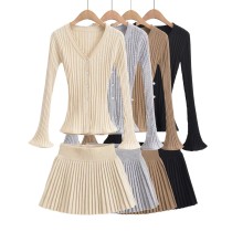 V-neck single breasted flared sleeve knitted cardigan+high waisted knitted pleated skirt half skirt set V-neck single breasted flared sleeve knitted cardigan+high waisted knitted pleated skirt half skirt set