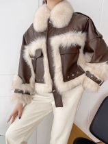 Fox fur patchwork faux fur motorcycle retro loose jacket Fox fur patchwork faux fur motorcycle retro loose jacket