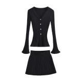 V-neck single breasted flared sleeve knitted cardigan+high waisted knitted pleated skirt half skirt set