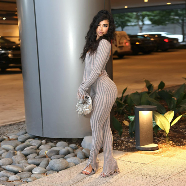 Irregular tassel zipper long sleeved knitted high waisted pants set