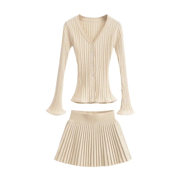 V-neck single breasted flared sleeve knitted cardigan+high waisted knitted pleated skirt half skirt set