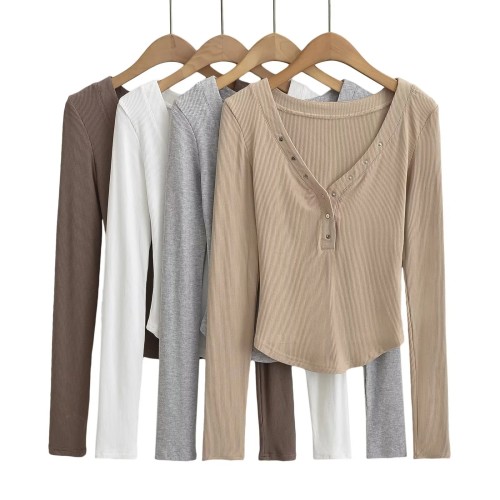 Four button V-neck elastic tight fitting solid color T-shirt