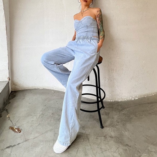 Sleeveless casual elastic denim two-piece set