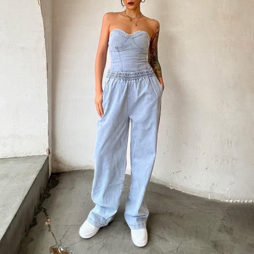 Sleeveless casual elastic denim two-piece set