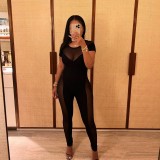 Round neck mesh patchwork slim fitting short sleeved long pants jumpsuit