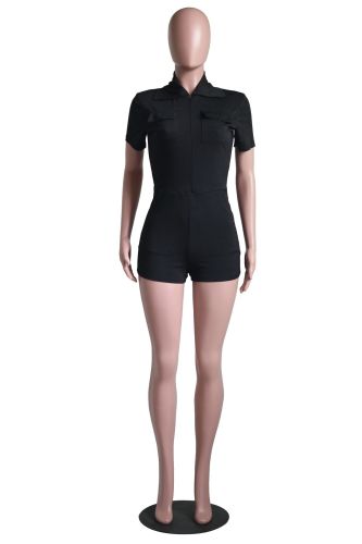 Leisure and fashionable zippered short sleeved solid color jumpsuit