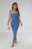 Tight, slim fit, backless bandage, corned denim jumpsuit