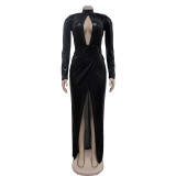 Women's solid color gilded long sleeved pleated dress
