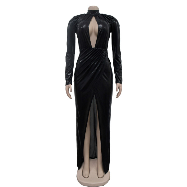 Women's solid color gilded long sleeved pleated dress