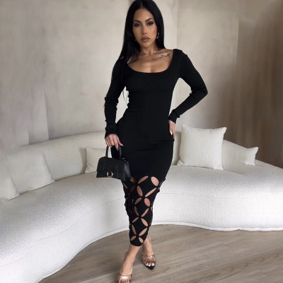 Solid color round neck long sleeved sexy hollow out wrap buttocks high waisted dress