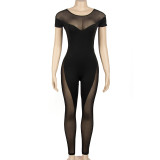 Round neck mesh patchwork slim fitting short sleeved long pants jumpsuit