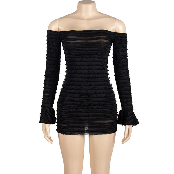 Solid color one shoulder sexy long sleeved wrap hip high waisted women's dress
