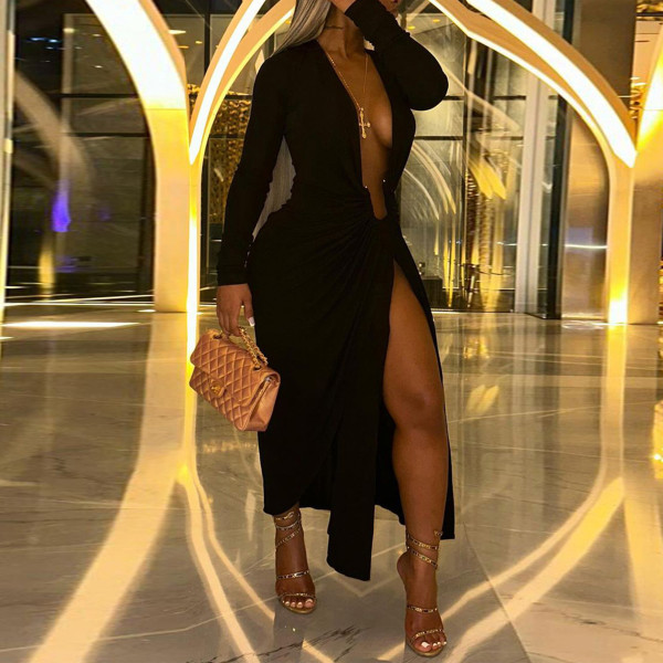 Large neckline U-shaped decorative slit long sleeved dress