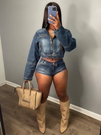 Elastic denim two-piece set