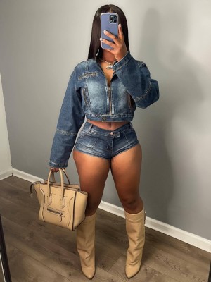 Elastic denim two-piece set