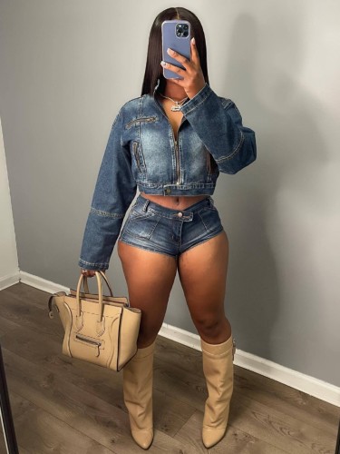 Elastic denim two-piece set