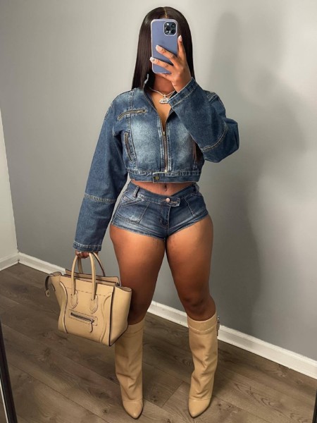 Elastic denim two-piece set