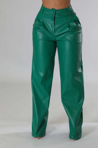 PU women's loose wide leg pocket casual leather pants