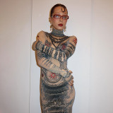 Long sleeved mesh printed high waisted slim fit short dress