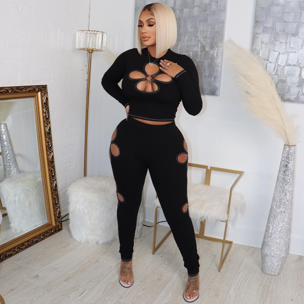 Elastic Pit Stripe Four Leaf Hollow Two Piece Sexy Set