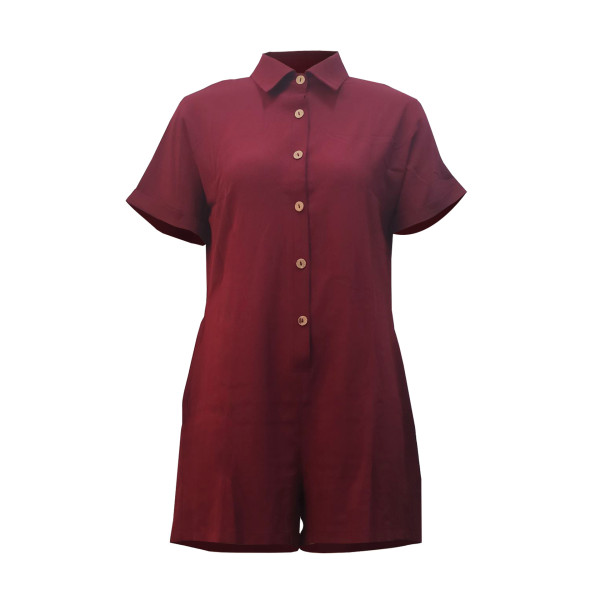 Sexy and fashionable solid color button up round neck women's jumpsuit