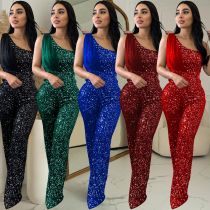 Women's solid color sleeveless single shoulder glitter jumpsuit
