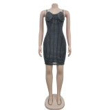Women's solid color mesh hot diamond strap short skirt dress