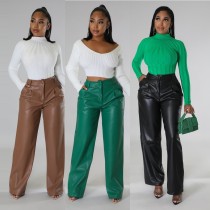 PU women's loose wide leg pocket casual leather pants PU women's loose wide leg pocket casual leather pants