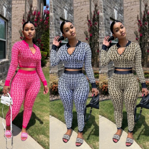 Women's elastic knitted printed set, long sleeved two-piece set