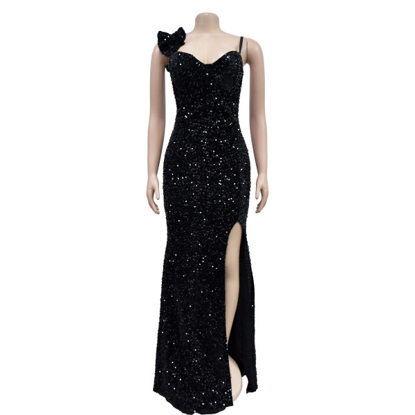 Women's solid color sexy sequin suspender long dress