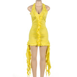 Solid color sleeveless low neck wooden ear edge irregular wrap buttocks short dress