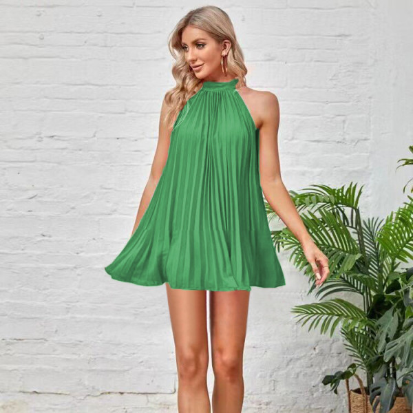 Solid color pleated sleeveless stand up collar bow tie dress