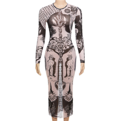 Sexy Mesh Digital Print High Waist Slim Fit Long Dress