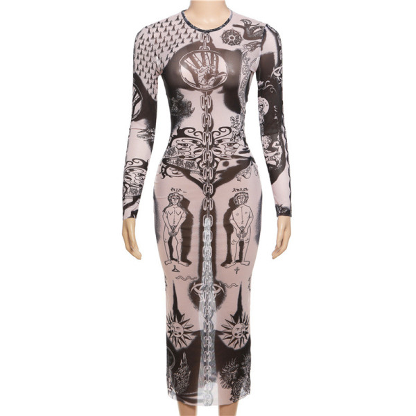 Sexy Mesh Digital Print High Waist Slim Fit Long Dress