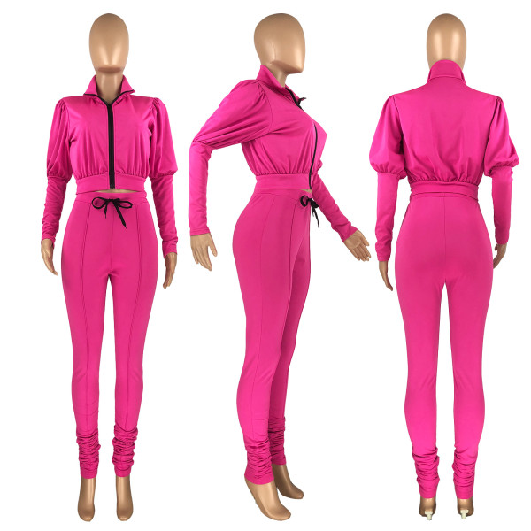 Drawstring pleated round neck zipper casual sports two-piece set