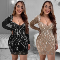 Women's solid color mesh hot diamond long sleeved short skirt dress